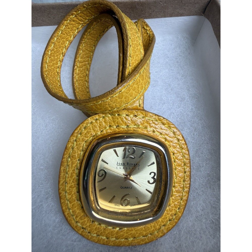 Vintage Joan Rivers Classics Mustard Yellow Leather Bag Charm Watch Square Gold